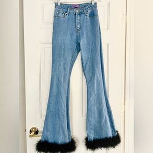 Edikted Bell Bottom Blue Jeans with Black Fur Cuffs (Size S)